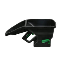 Handheld broadcast spreader with black handle and green feed gate