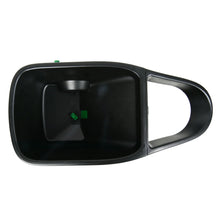 Handheld broadcast spreader body with side handle and green adjustment lever