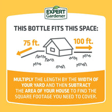 Liquid lawn fertilizer and weed control bottle label with coverage diagram and directions