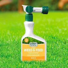 Ready-to-spray liquid weed & feed bottle with green nozzle on lawn