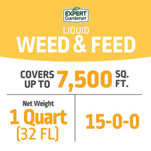 Liquid weed & feed front panel showing covers up to 7,500 sq ft and 1 Quart size