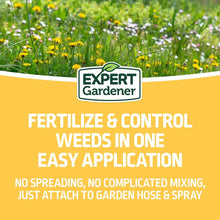 Liquid weed & feed label panel with fertilizer and control weeds in one easy application