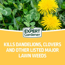 Liquid weed & feed label panel with dandelion and clover weed control text