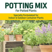Container plants with flowers in planters and Potting Mix banner text