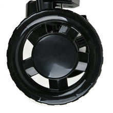 Black spreader wheel assembly with tread and circular hub detail