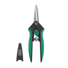 Garden snipping shears with green-and-black handles and pointed steel blades