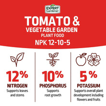Tomato & vegetable garden plant food, NPK 12-10-5 nutrient breakdown: 12% N,10% P,5% K