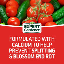 Tomato & vegetable garden plant food label: formulated with calcium to prevent splitting