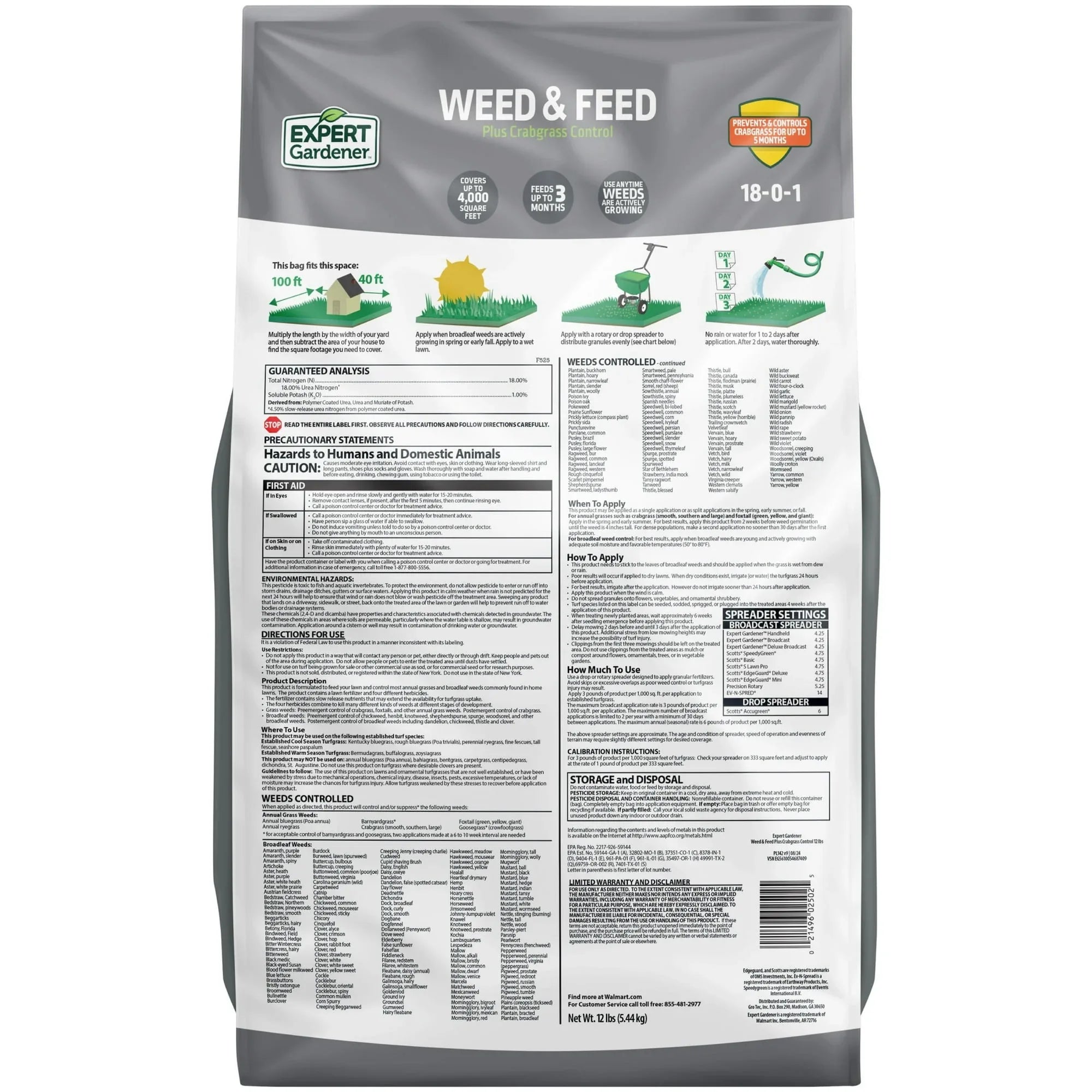 Expert Gardener Weed & Feed Plus Crabgrass Control, Lawn Fertilizer 18-0-1, 12 lb. Prevents up to 5 Months