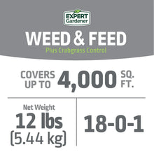 Weed & Feed lawn fertilizer label with Expert Gardener logo, 12 lb and 18-0-1