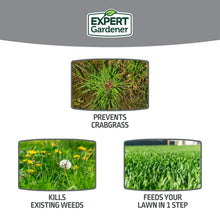 Weed & Feed bag showing prevents crabgrass, kills weeds, and feeds lawn in 1 step