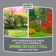 Weed & Feed lawn fertilizer label showing spring or early fall application with Expert Gardener