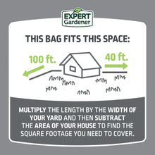 Coverage chart panel with yard space directions and footprint area illustration for bag