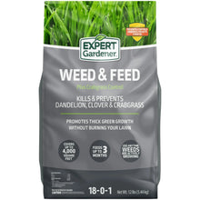 Weed & Feed lawn fertilizer bag with Expert Gardener logo and Crabgrass Control text