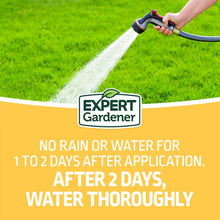 Weed & feed fertilizer applied to lawn with a garden spreader, Expert Gardener logo