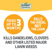 Weed & feed product label with icons: feeds up to 3 months, kills weeds