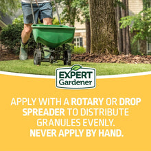 Expert Gardener Weed & Feed fertilizer bag label: apply with rotary or drop spreader
