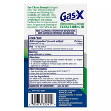 Gas relief softgels box back panel with Drug Facts and directions