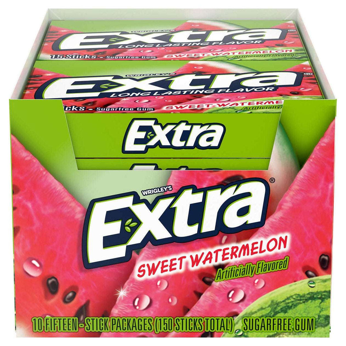 Extra Sugar Free Chewing Gum, Sweet Watermelon, Slim Pack, 15 Sticks, 10-Count