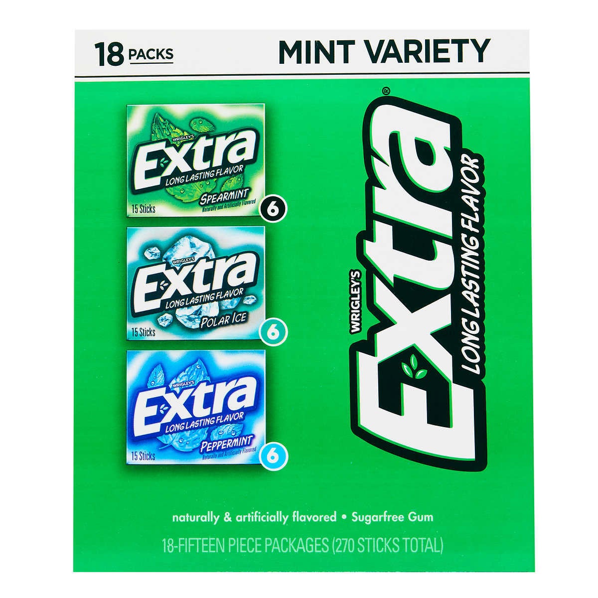 Extra Sugar Free Chewing Gum, Mint Variety Pack, 15 Sticks, 18-Count