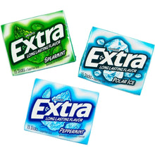 Three Extra sugar-free chewing gum packs: spearmint green and two blue mint flavors