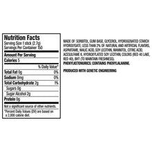Nutrition Facts panel for sugar-free chewing gum with serving size and calories