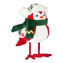 Fabric bird tabletop decoration with red-and-white body, green scarf and hat