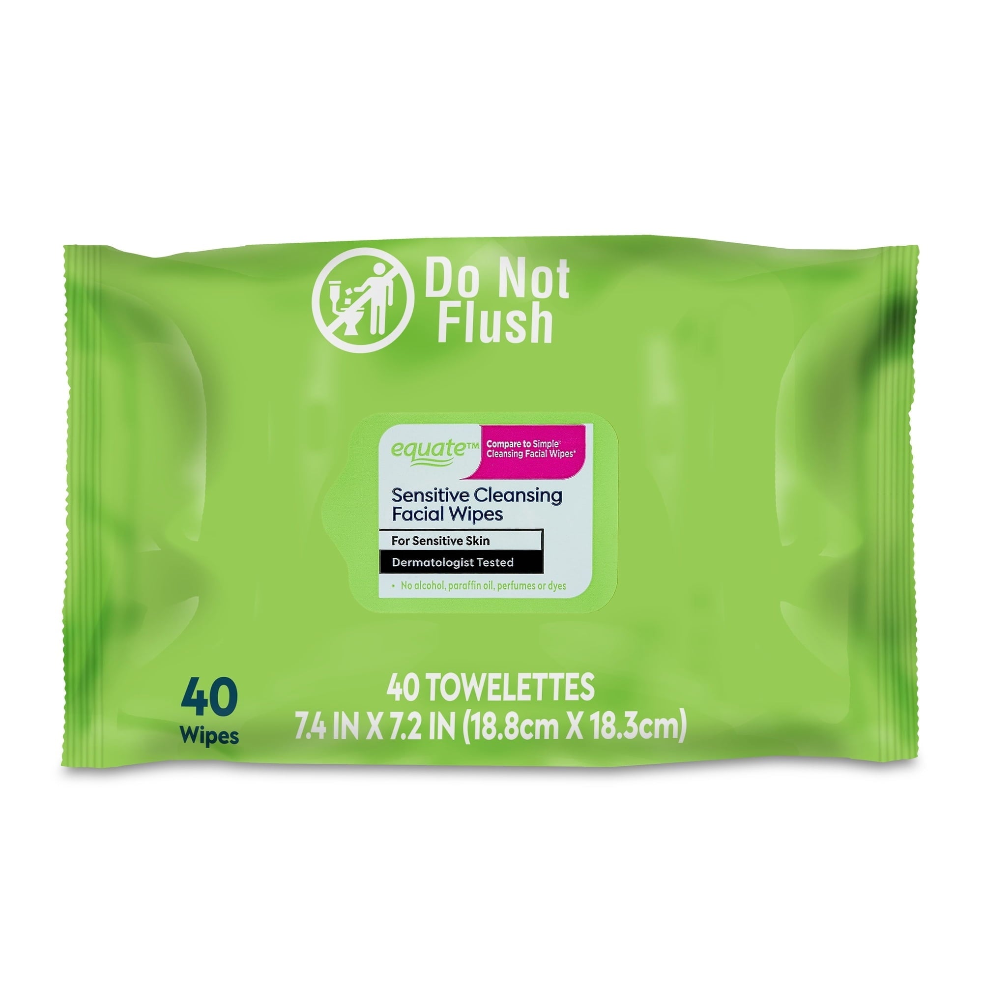 Equate Sensitive Cleansing Facial Towelette Wipes for Face Care of Sensitive Skin, Alcohol Free (40 Count), Compare to Simple® Cleansing Facial Wipes