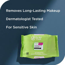 Green facial cleansing wipes pack with “Dermatologist Tested” and makeup-removal text.