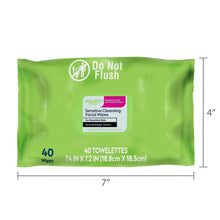Front of green facial cleansing wipes pack with 7 in by 4 in size marks.