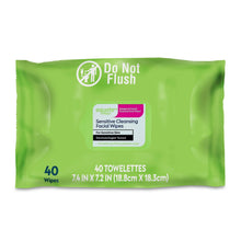 Green facial cleansing wipes pack front, 40 wipes, Do Not Flush marking.