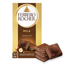 Ferrero Rocher milk hazelnut chocolate bar package with bar pieces and logo