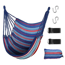 Blue striped canvas hammock chair swing with hanging ropes and two black straps
