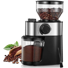 Electric burr coffee grinder in black and stainless steel with hopper and grounds bin