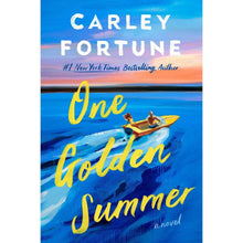 Paperback novel cover with blue ocean scene and 'One Golden Summer' by Carley Fortune