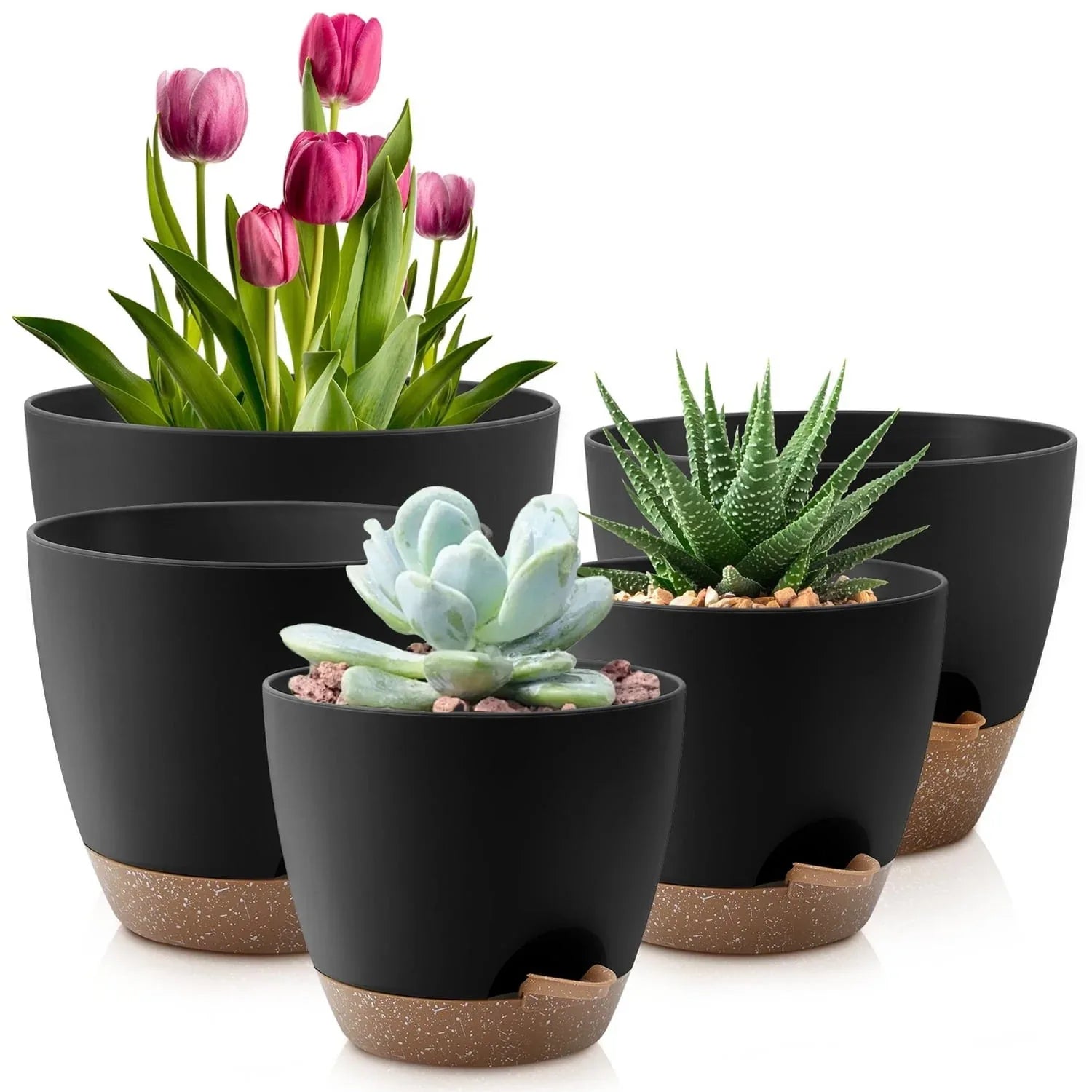 FOUKUS Set of 5 Self-Watering Plant Pots with Drainage – Eco-Friendly Plastic Planters for Indoor & Outdoor Use – Pots for Succulents, Cactus, Snake Plants (7", 6.5", 6", 5.5", 5")
