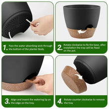 Self-watering planter base and tray with wick routing and tray removal rotation steps