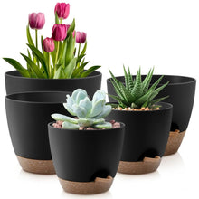 Set of self-watering plant pots with drainage trays, matte black planters with speckled bases