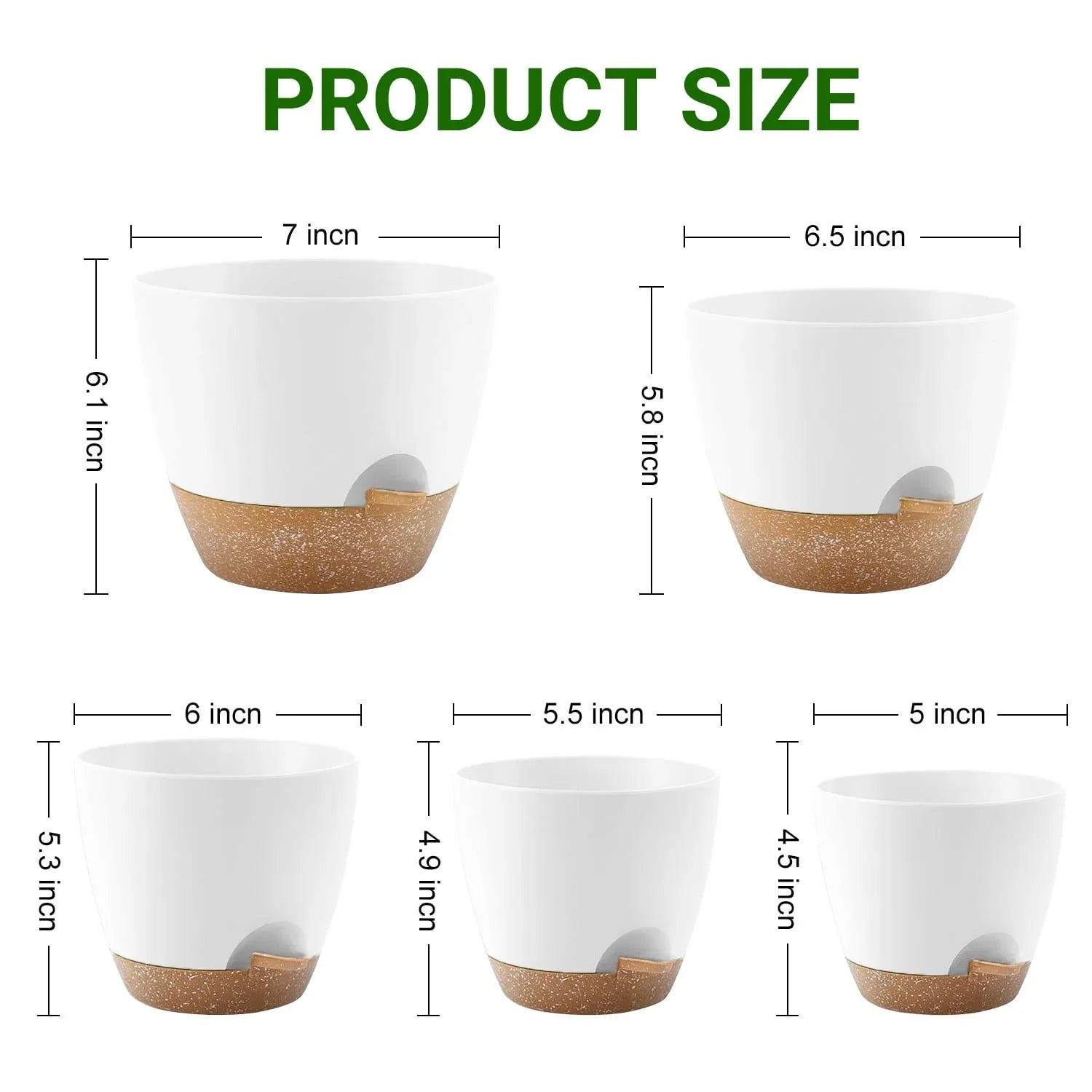 FOUKUS Set of 5 Self-Watering Plant Pots with Drainage – Eco-Friendly Plastic Planters for Indoor & Outdoor Use – Pots for Succulents, Cactus, Snake Plants (7", 6.5", 6", 5.5", 5")