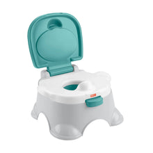 Teal and white toddler potty chair with removable ring and step