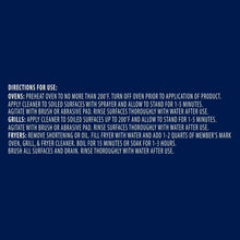 Commercial oven, grill & fryer cleaner directions for use text on blue panel