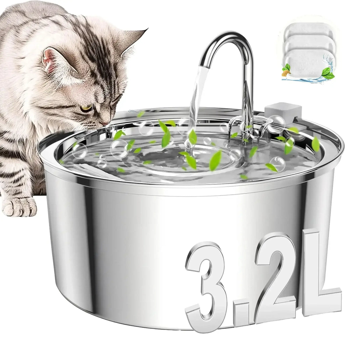 FWMB 3.2L/108oz Cat Water Fountain Premium Stainless Steel with 3 Filters, Automatic Pet Fountain Dispenser for Cats Dogs, with Ultra-Quiet Pump - USA MEGA SHOP
