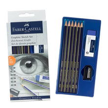 Faber-Castell graphite sketch set in blue packaging with multiple pencils and sharpener