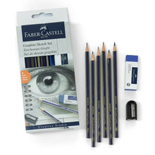 Faber-Castell graphite sketch set with six blue pencils and included sharpener