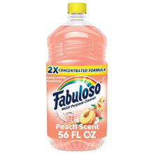 Peach-scent all purpose floor cleaner bottle, yellow cap, pink liquid, 56 fl oz