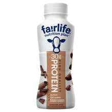 Chocolate protein shake bottle, fairlife nutrition plan, 30g protein and serving info