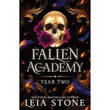 Paperback book cover with Fallen Academy Year Two title, gold skull, feathers and florals