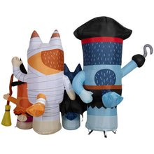 Halloween inflatable pirate and cat-like characters with orange and black witch hats