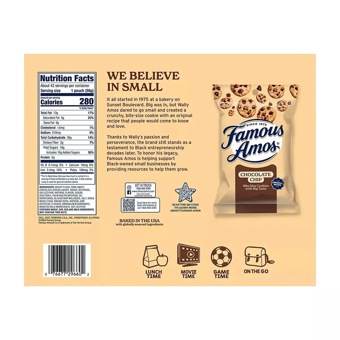 Famous Amos Chocolate Chip Cookies, Bite Size, Pouches, 42 ct./2 oz.