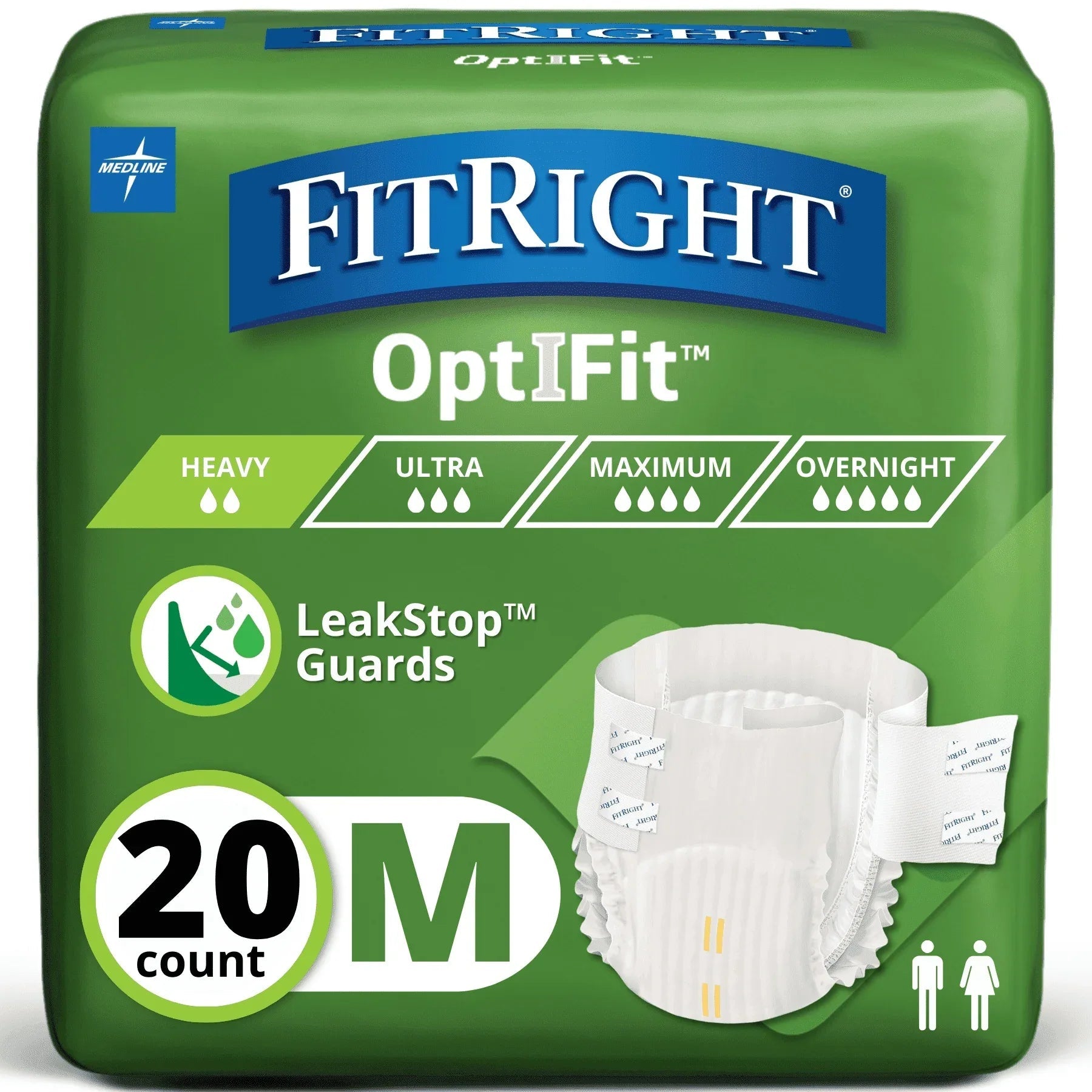 FitRight Adult Incontinence Briefs, Diapers with Tabs, Leak Stop Guards, Heavy Absorbency, Medium, 32in to 44in, 20 Count